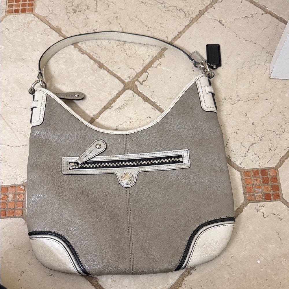 Coach grey and white all leather shoulder bag.